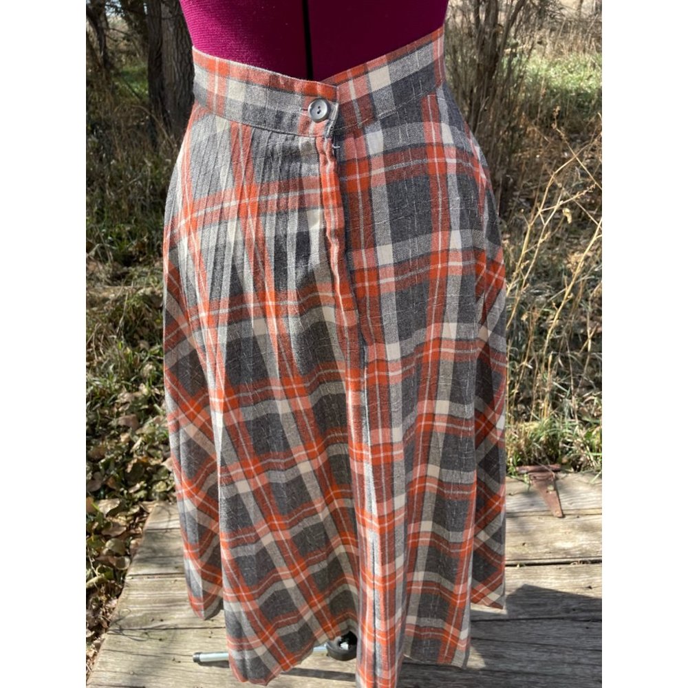 Vintage 1970s Wool Blend Plaid Pleated Skirt Gray Orange Size M - Picture 6 of 11